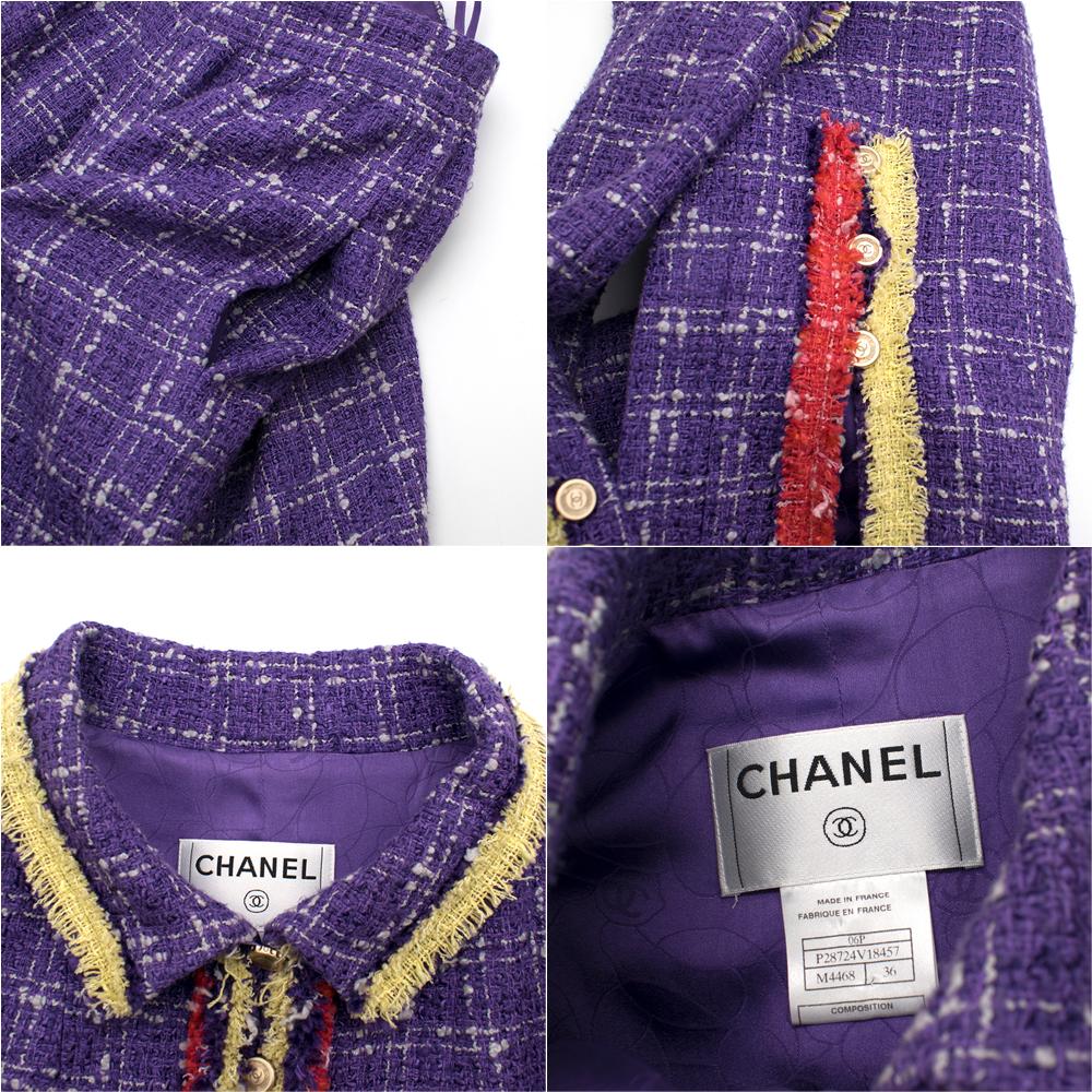 Chanel Lilac Tweed Jacket & Skirt W/ Multicolour Raw Hem

- Vintage Chanel Tweed Set 
- Gold-tone embossed buttons on jacket 
- Multicoloured ruffle details on collar, pockets, and bottom of skirt
- Silk lining 
- Skirt with hidden back zip 

Please