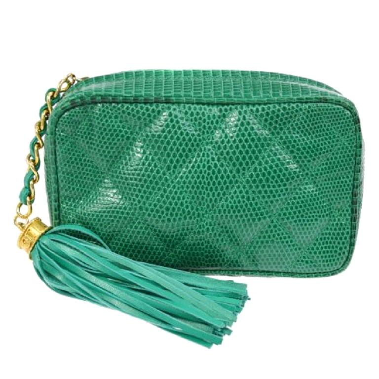 Chanel Lime Green Exotic Skin Leather Gold Tassel Small Evening Clutch Bag
