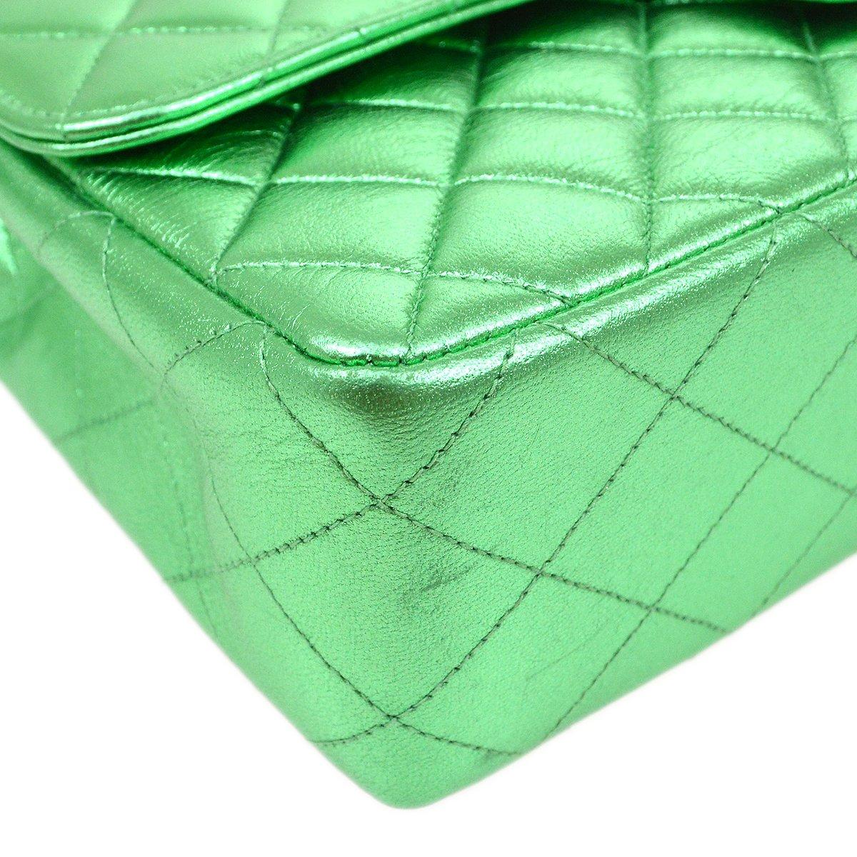 CHANEL Lime Green Metallic Lambskin Gold 2 in 1 Small Medium Kelly Flap Bags In Good Condition In Chicago, IL