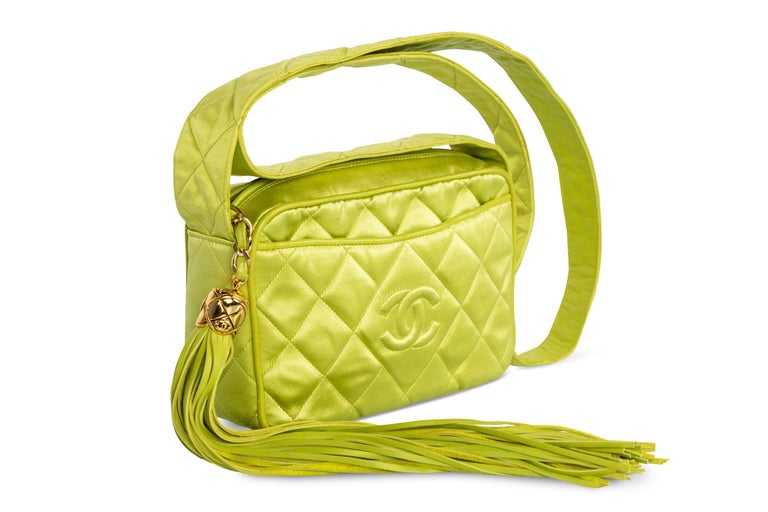 Chanel Lime Green Quilted Satin Leather Tassel Camera Bag, 1990s at 1stDibs