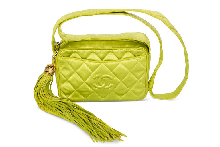 Chanel Lime Green Vintage Quilted Satin Bag For Sale at 1stDibs