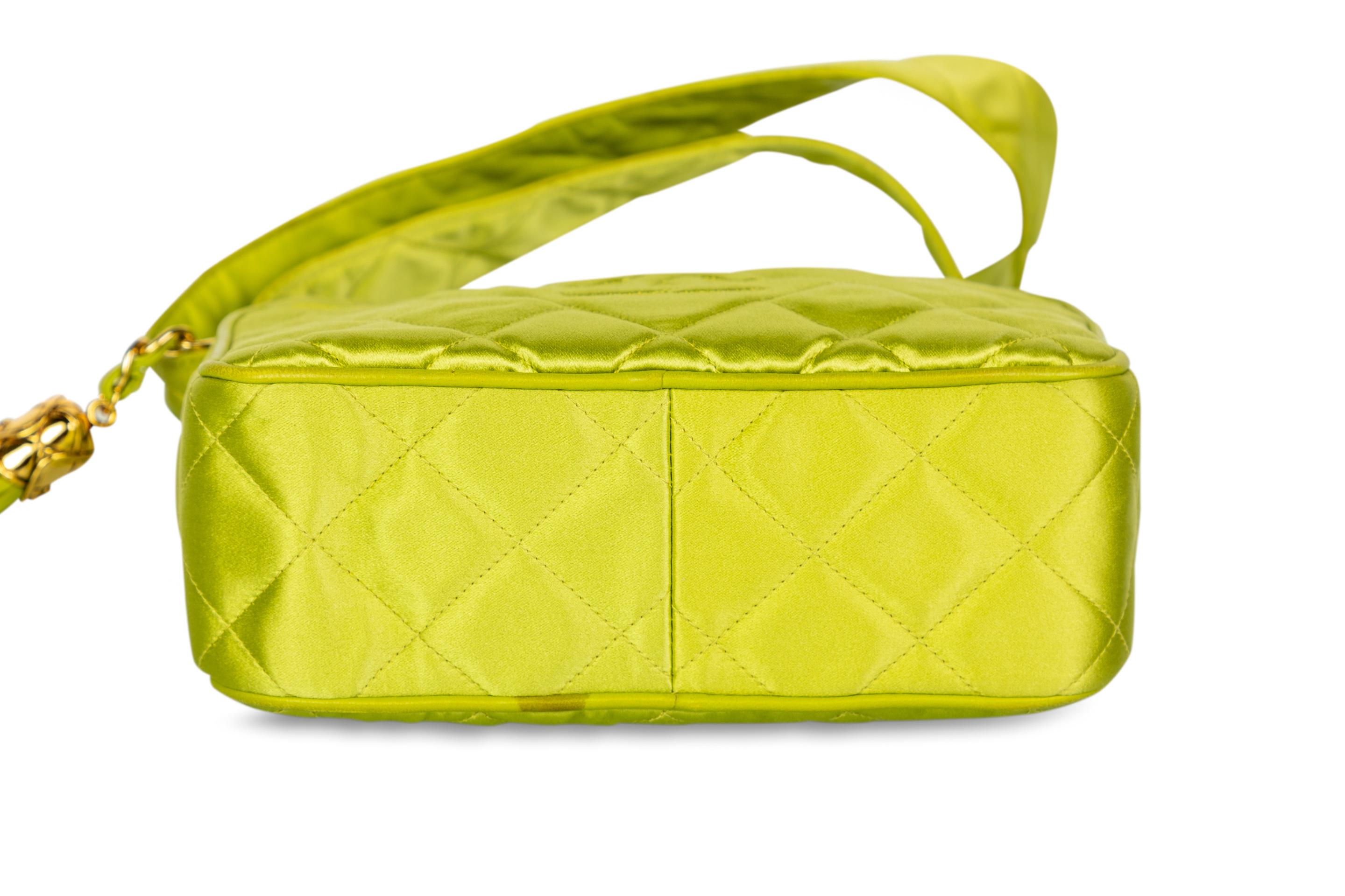 Chanel Lime Green Quilted Satin Leather Tassel Camera Bag, 1990s In Excellent Condition In Boca Raton, FL