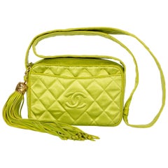 Vintage Chanel Lime Green Quilted Satin Leather Tassel Camera Bag, 1990s