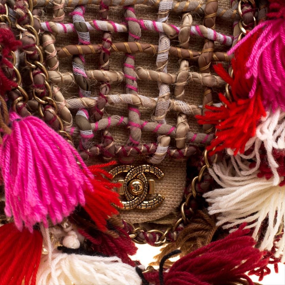Brown Chanel Limited Edition 2015 Dubai Resort Runway Woven Pom Pom Classic Flap Bag For Sale