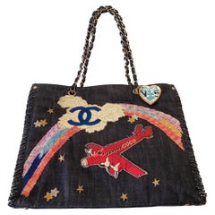 Chanel Limited Edition Airplane Rainbow Mixed Media Blue Jean Denim Rare Tote