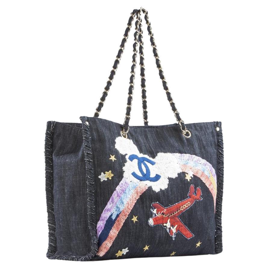 Chanel Limited Edition Airplane Rainbow Mixed Media Blue Jean Denim Rare  Tote