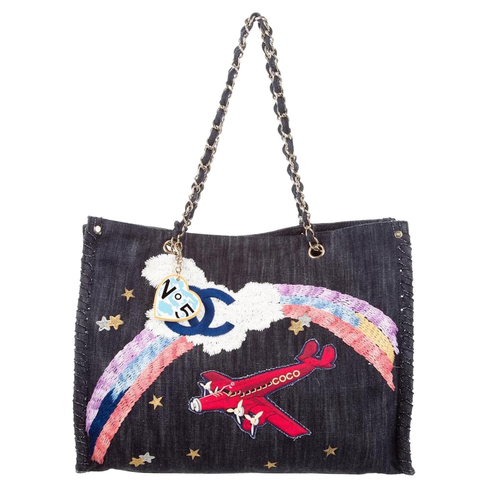 Chanel Limited Edition Airplane Rainbow Mixed Media Blue Jean Denim Rare Tote