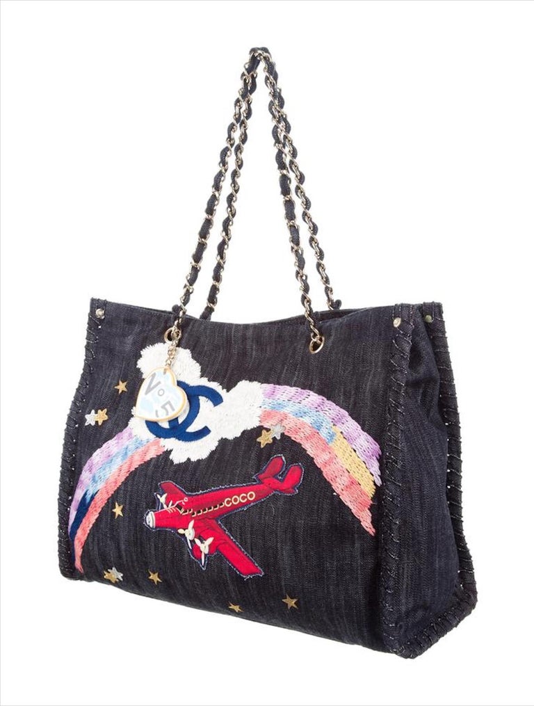 Chanel Limited Edition Airplane Rainbow Mixed Media Blue Jean Denim Rare  Tote at 1stDibs
