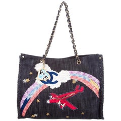 Chanel Limited Edition Airplane Rainbow Mixed Media Blue Jean Denim Rare Tote 