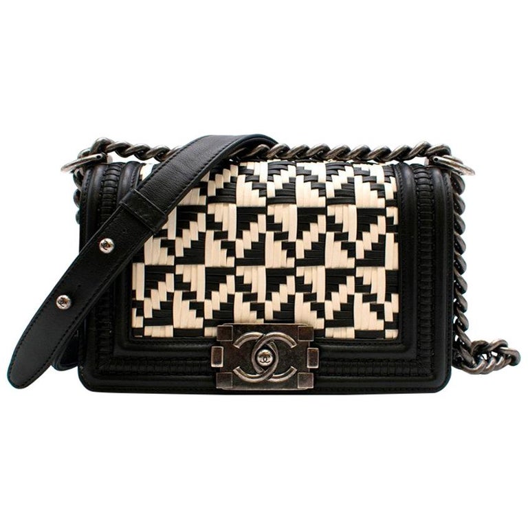 Chanel Limited Edition Black and White Calfskin Woven Small Boy Bag 20cm