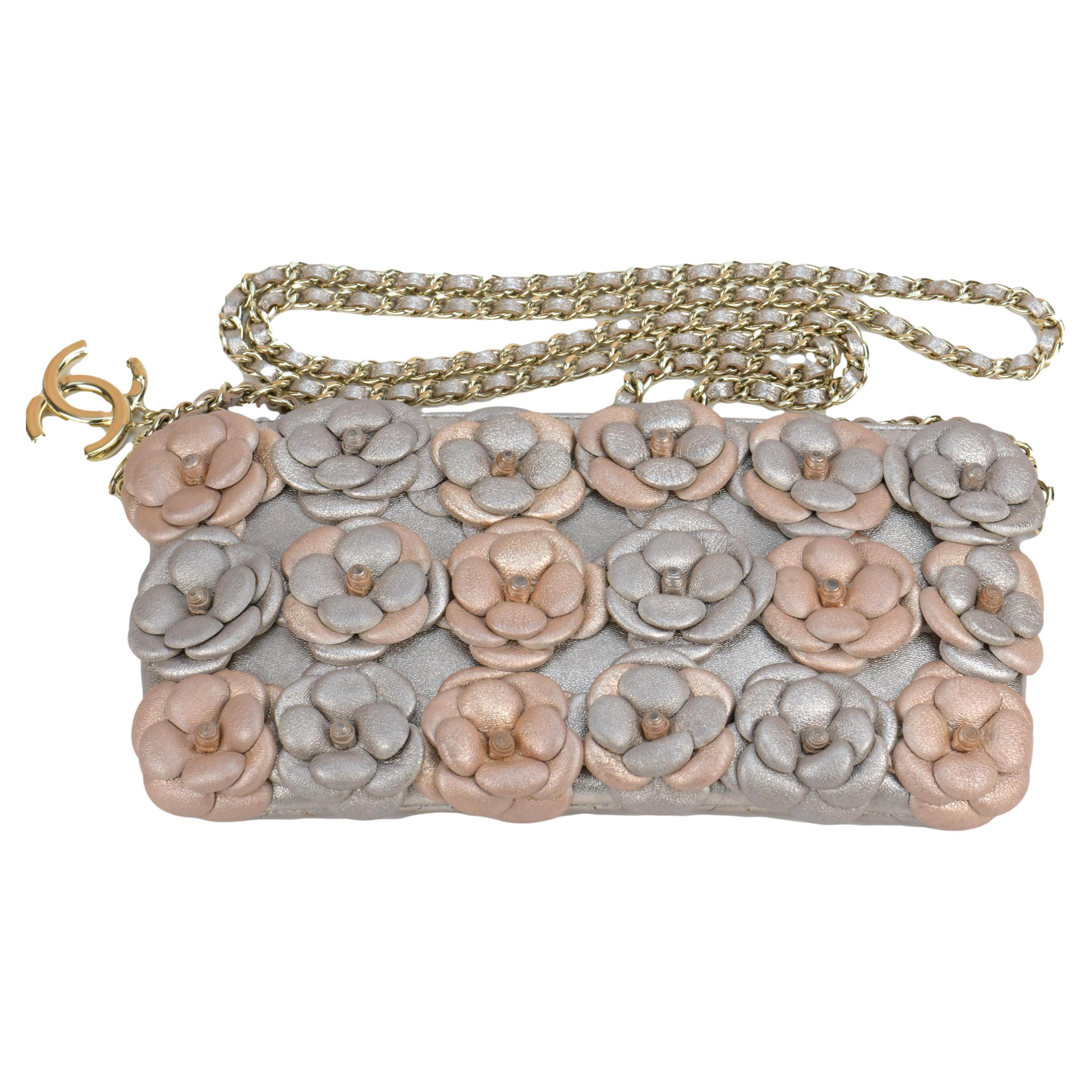 Chanel Limited Edition Camellia Embellished Lambskin Clutch with Chain For Sale