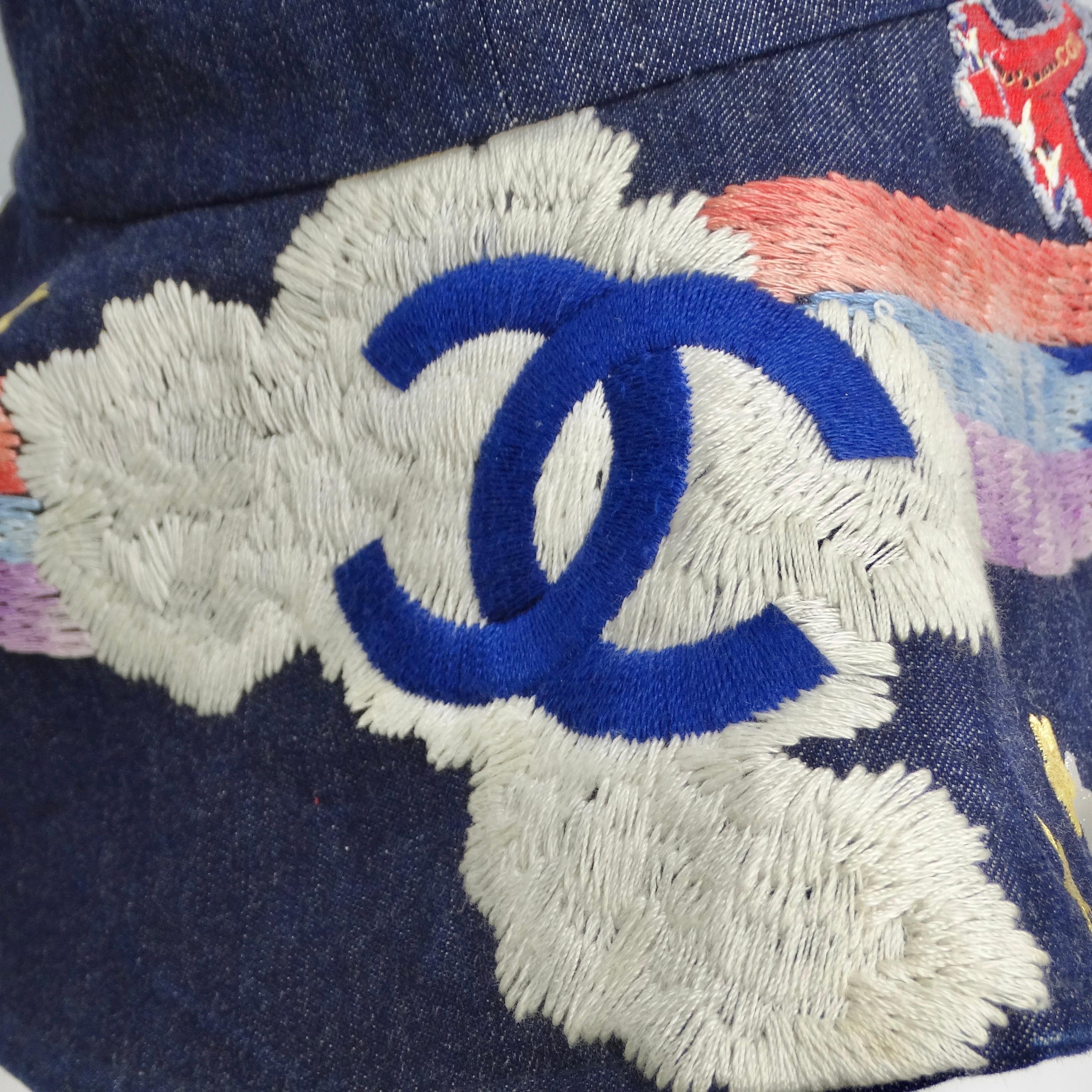 Introducing the Chanel Limited Edition Embroidered Jumbo Denim Hat, a stunning and bold accessory from Chanel's iconic Spring/Summer 2005 collection. Crafted from high-quality denim, this floppy hat exudes luxury and style with its jumbo silhouette