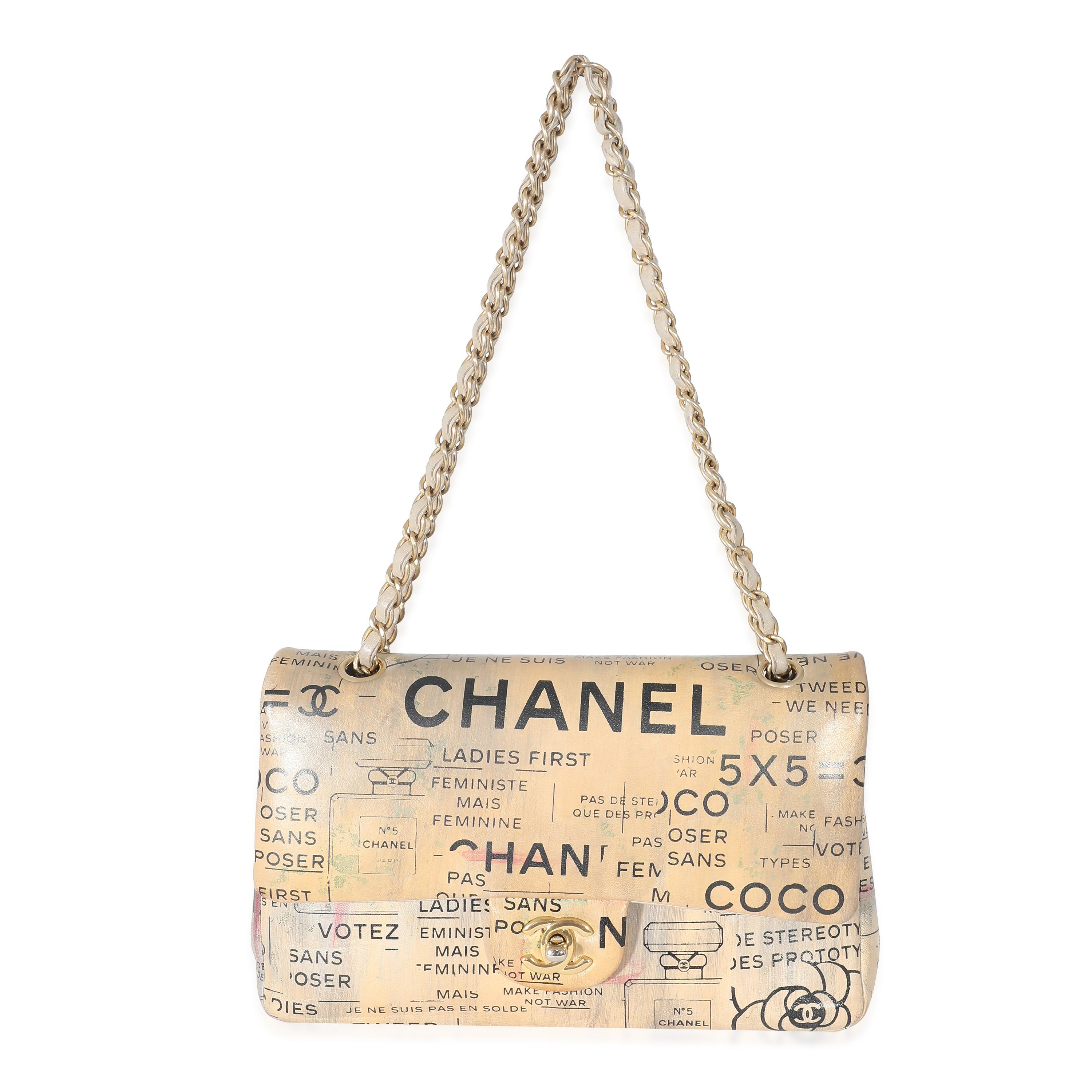 Listing Title: Chanel Limited Edition Graffiti Newspaper Print Medium Double Flap Bag
SKU: 132953
Condition: Pre-owned 
Handbag Condition: Good
Condition Comments: Item is in good condition with apparent signs of wear. Discoloration, marks, and