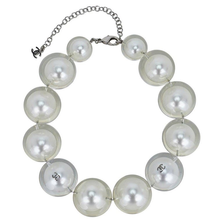 CHANEL Pearl Crystal CC Long Necklace Silver Grey 211790