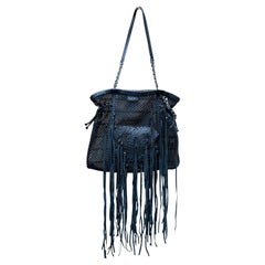 Chanel Limited Edition Resort 2011 Black Leather Fringe Mesh Tote Bag