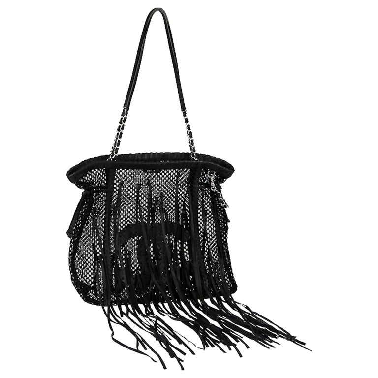 Chanel Limited Edition Resort Fringe Mesh Black Leather Large Tote Rare  Soldout For Sale at 1stDibs