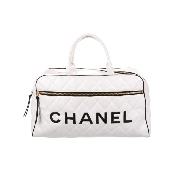 Chanel Limited Edition Vintage Duffel Tote White and Black Leather Weekend  Bag