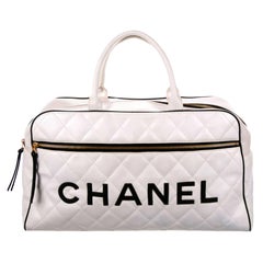 Chanel Limited Edition Vintage Duffel Tote White and Black Leather Weekend Bag
