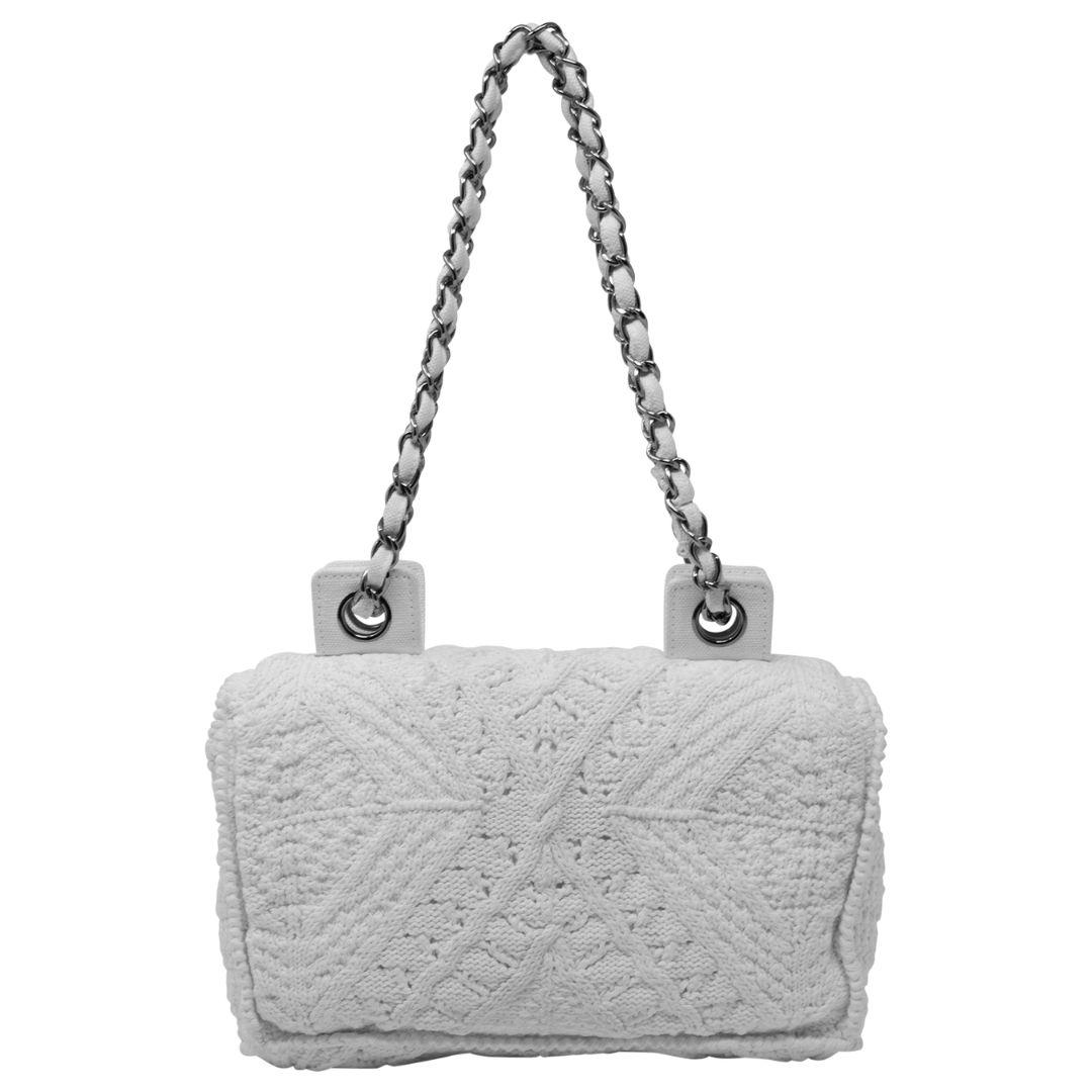 Gray Chanel Limited Edition White Hand Knit Flap Bag For Sale
