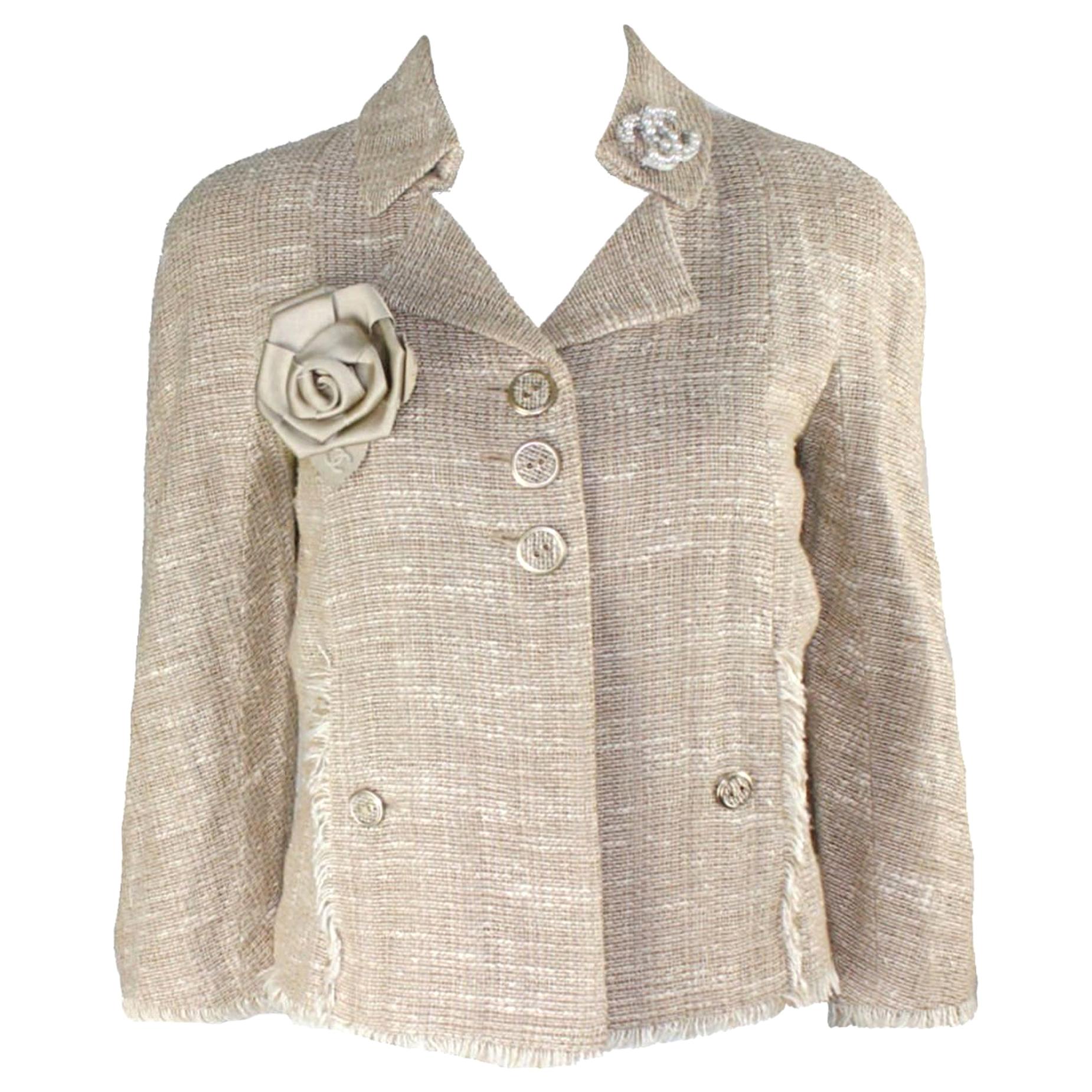 Chanel Linen Blend Fantasy Tweed Fringed Trim Jacket Blazer Camellia Brooch 34