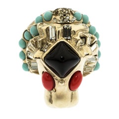 Chanel Lion Head Multi color Cabochon Gold Tone Cocktail Ring Size 52