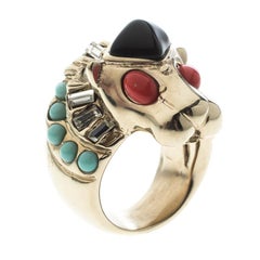 Chanel Lion Head Multi color Cabochon Gold Tone Cocktail Ring Size 52