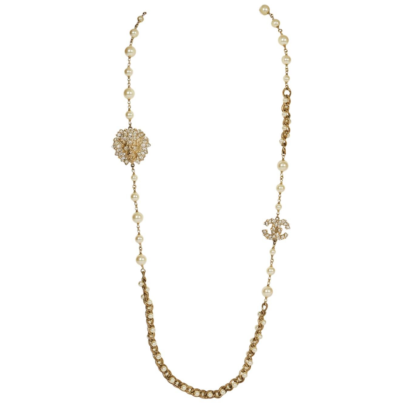 Chanel Lion and Logo Pearl Necklace at 1stDibs