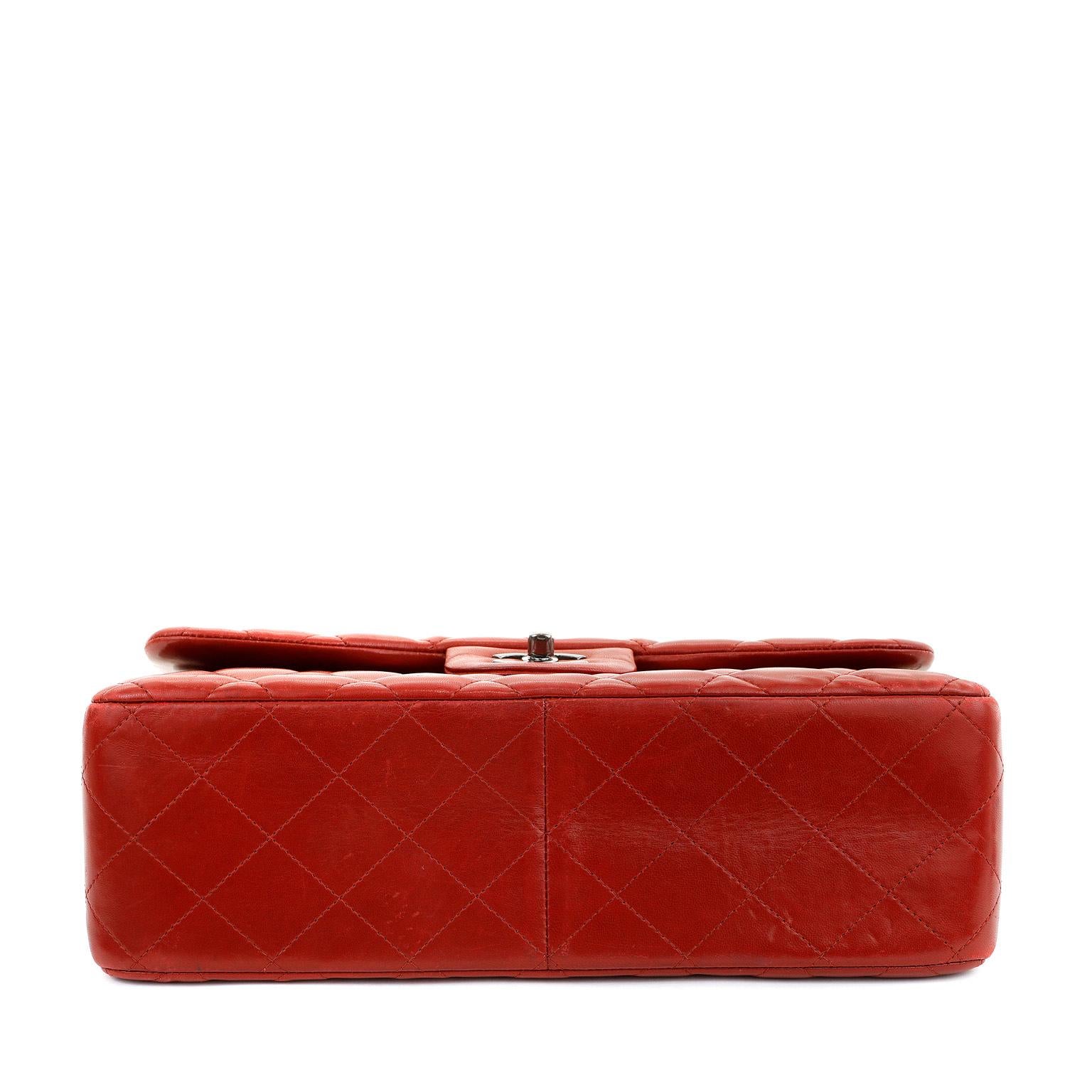 Chanel Lipstick Red Lambskin Jumbo Classic Flap  For Sale 1