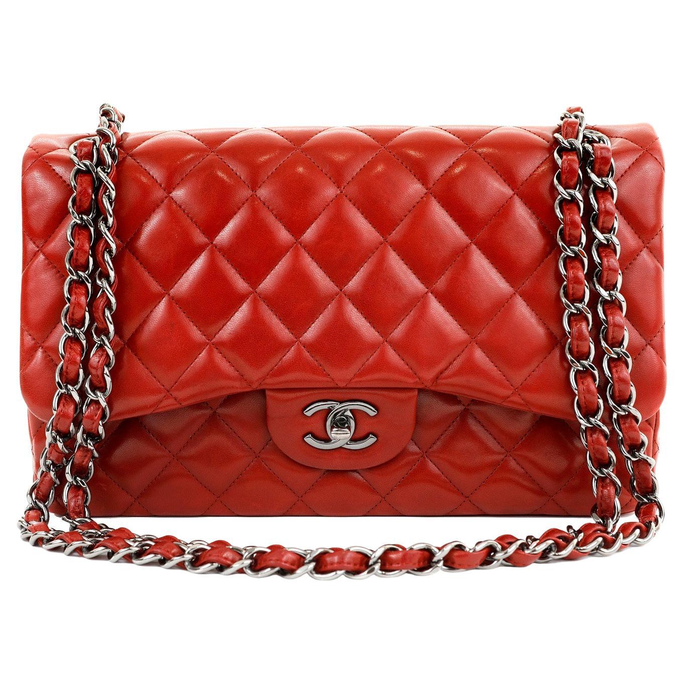 Chanel Lipstick Red Lambskin Jumbo Classic Flap