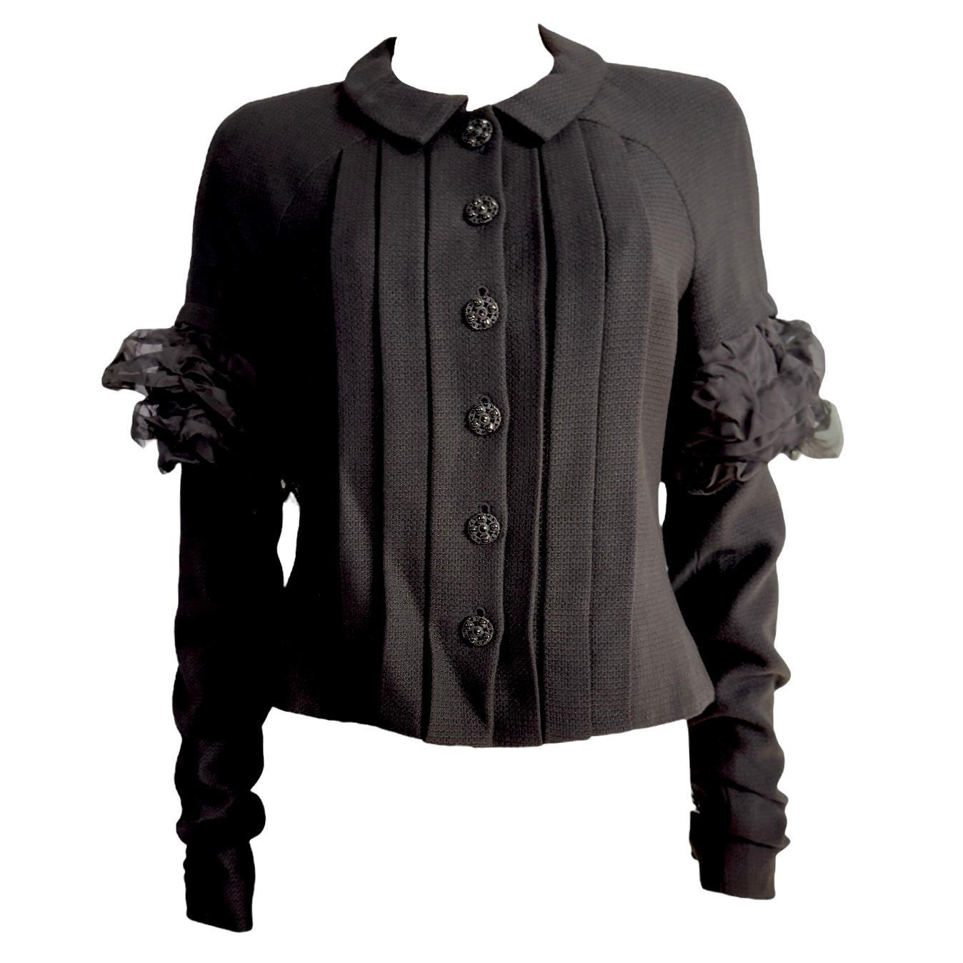 CHANEL Little Black Jacket LBJ Pleated Jacket with Ruched Details 38 For Sale 1