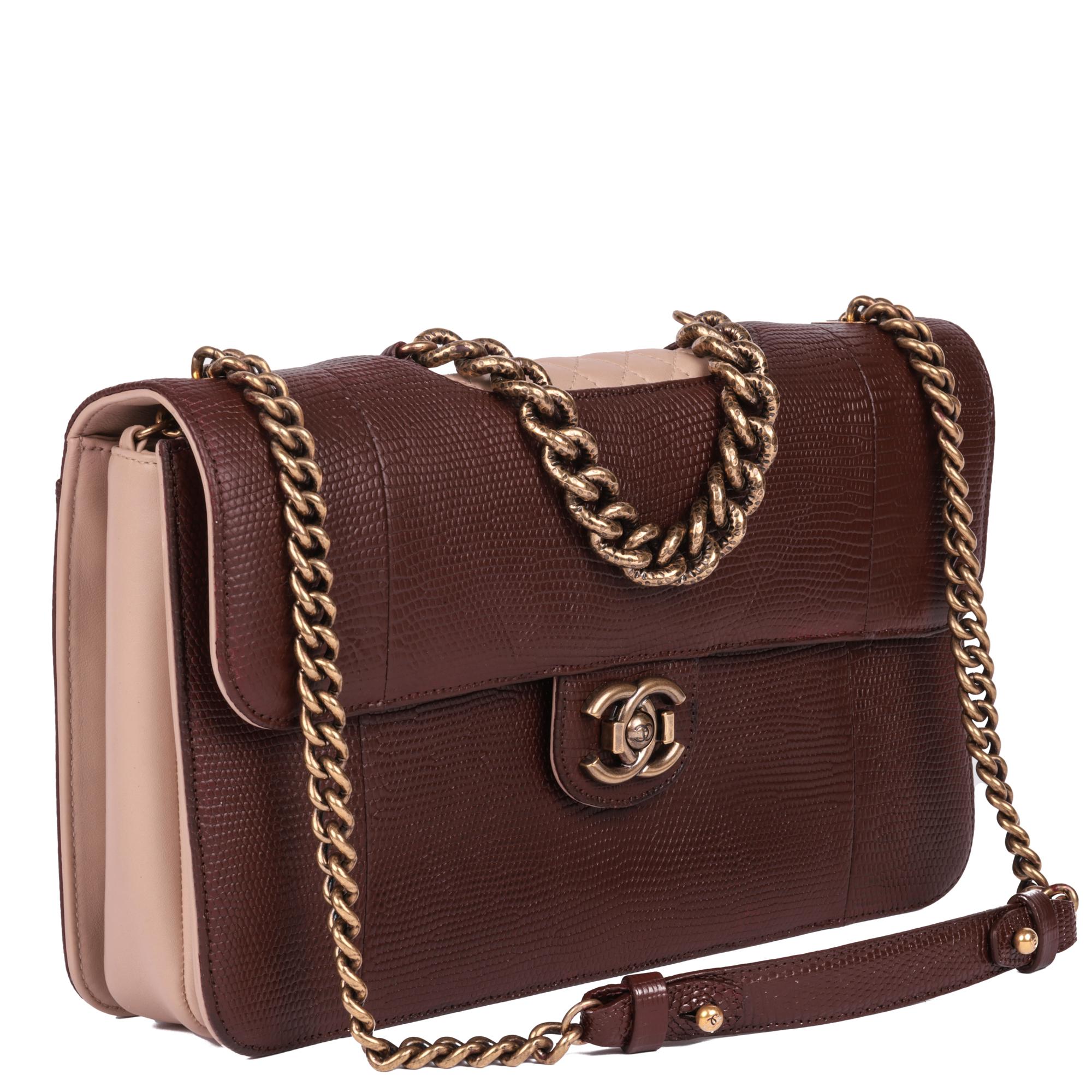 CHANEL 
Burgundy Lizard Leather & Dusky Pink Quilted Lambskin Large Perfect Edge Classic Single Flap Bag

Serial Number: 17122567
Age (Circa): 2013
Accompanied By: Chanel Dust Bag
Authenticity Details: Serial Sticker (Made in Italy) 
Gender: