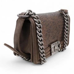 Chanel Lizard Metallic Quilted Brown Leather Small Boy Flap Crossbody Bag