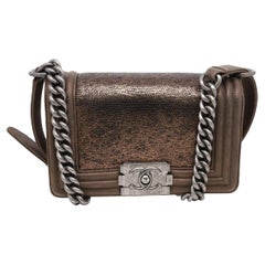 Chanel Lizard Metallic Quilted Brown Leather Small Boy Flap Crossbody Bag