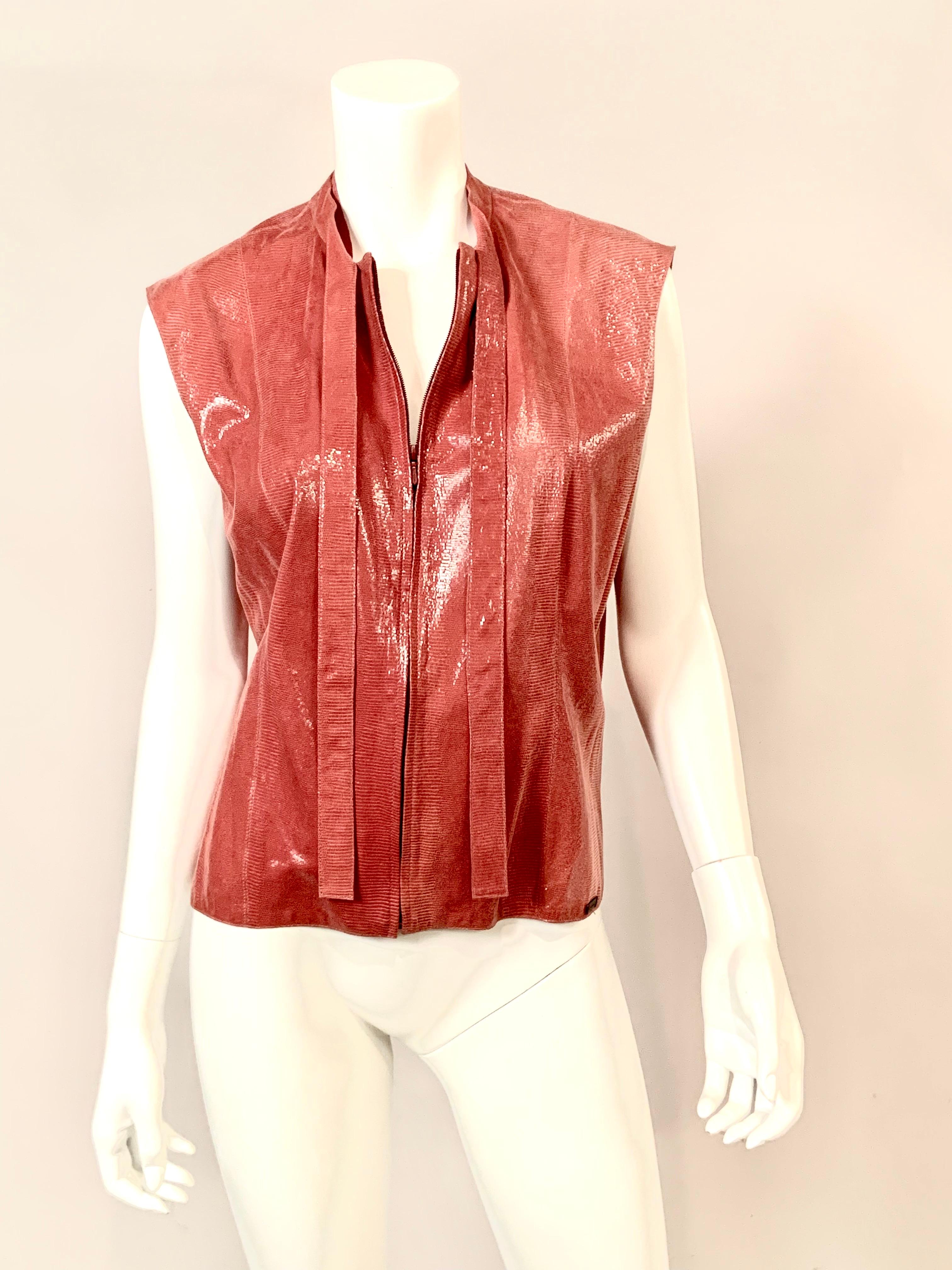 Orange Chanel Lizard Pattern Rose Pink Zip Front Leather Vest