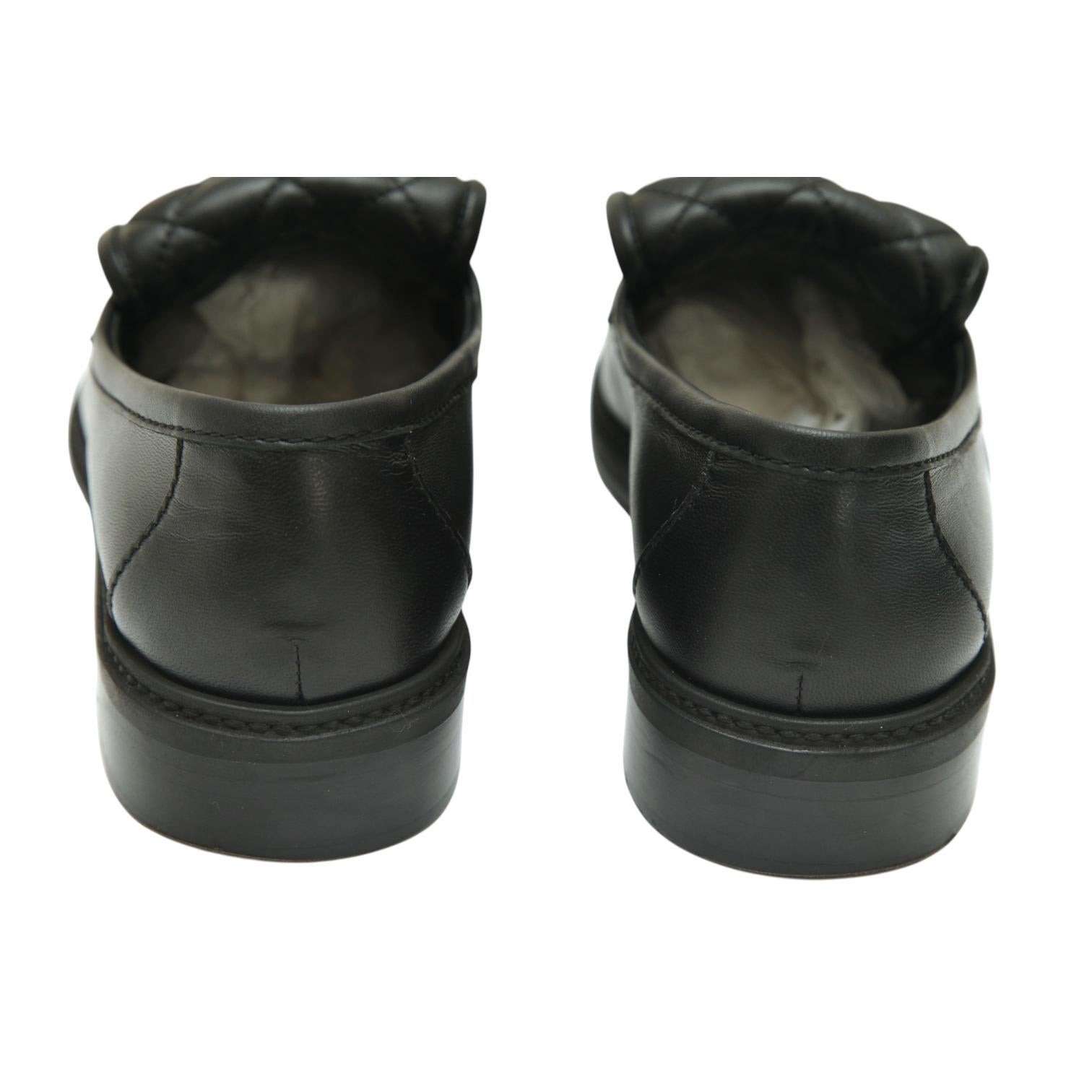 CHANEL Loafers Black Leather Quilted Lambskin Gold CC Turn Lock Flats Shoes 38.5 For Sale 1