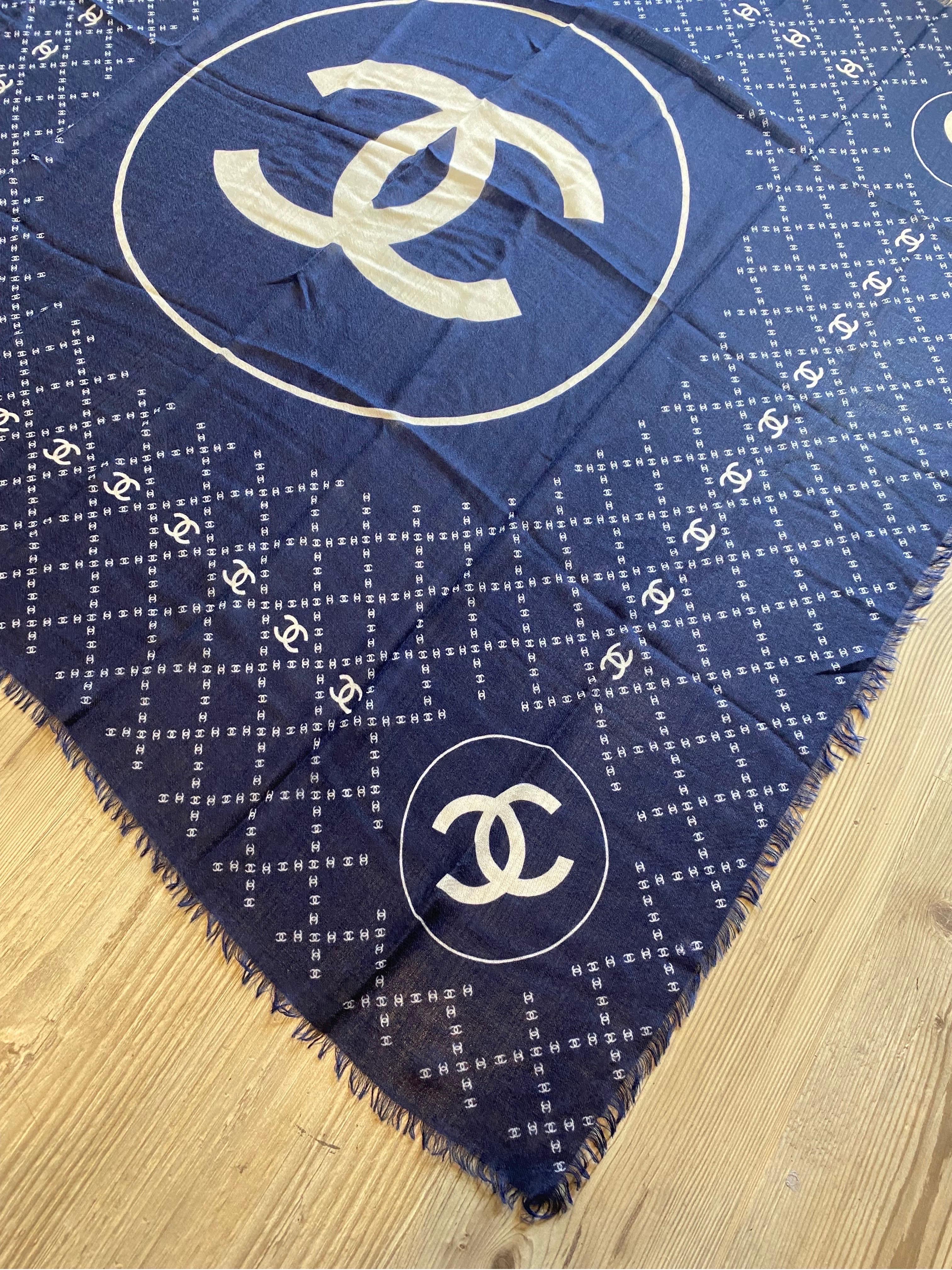 Blue Chanel logo blue cashmere stole