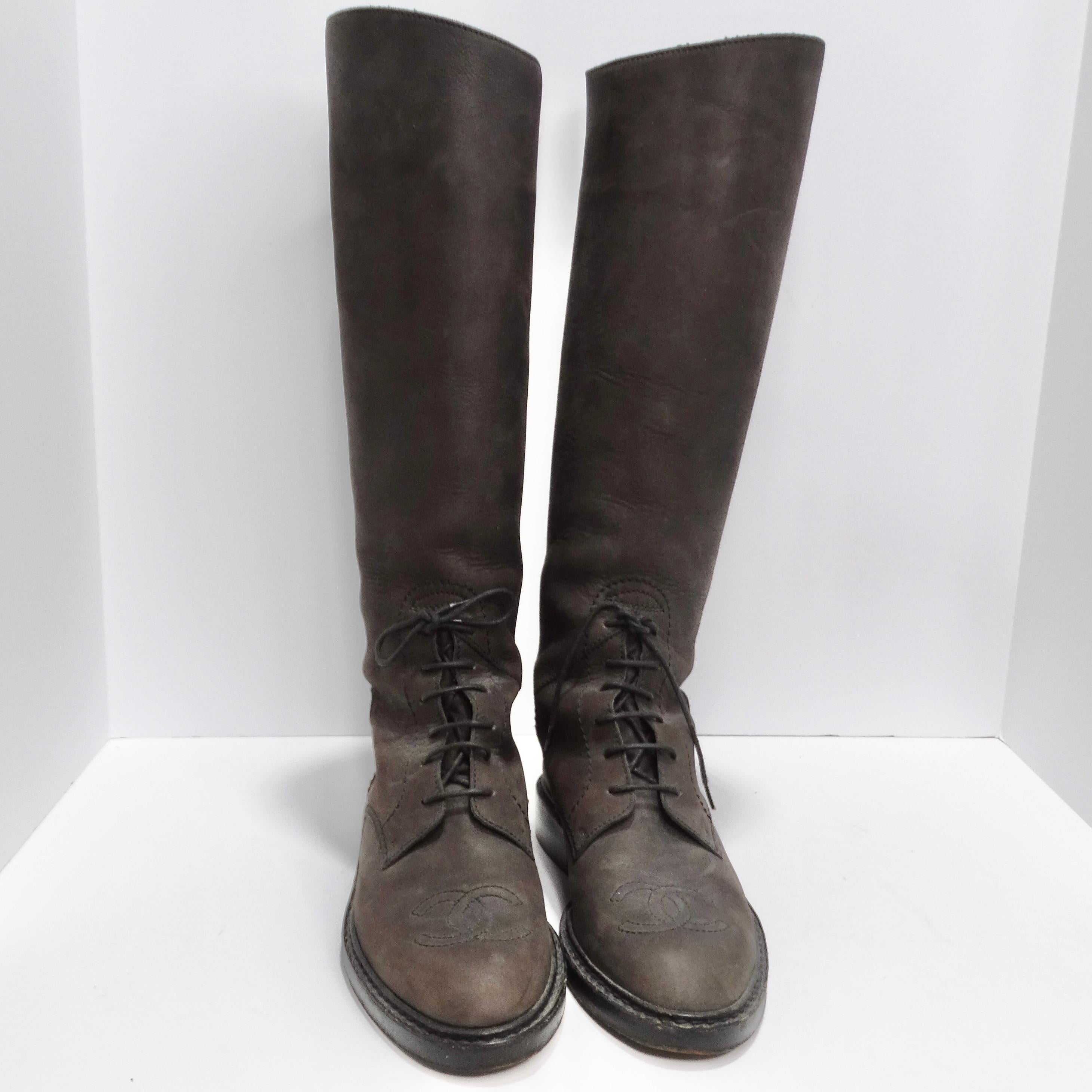 Black Chanel Logo Brown Leather Knee High Boots For Sale