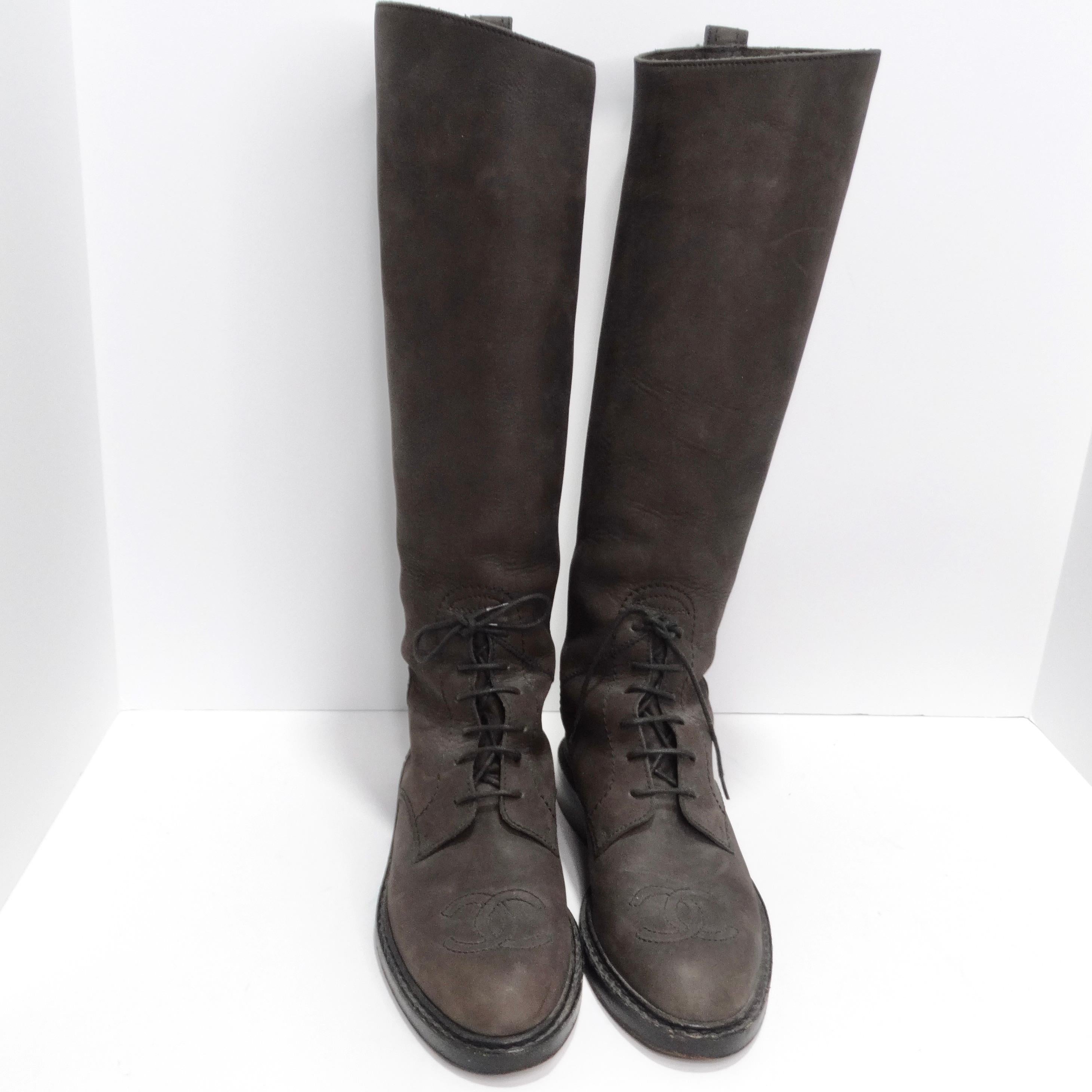 Chanel Logo Brown Leather Knee High Boots In Good Condition For Sale In Scottsdale, AZ