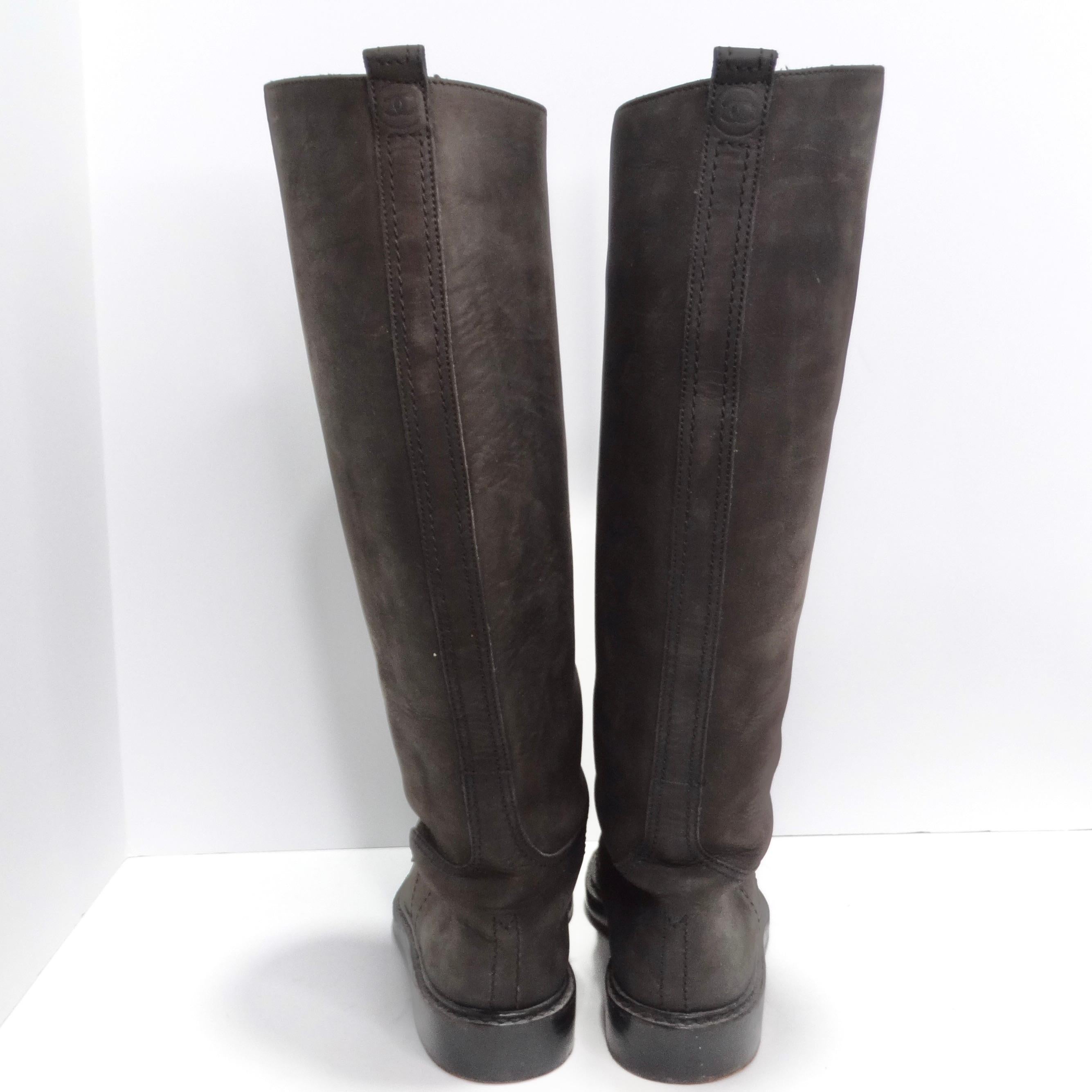 Women's or Men's Chanel Logo Brown Leather Knee High Boots For Sale