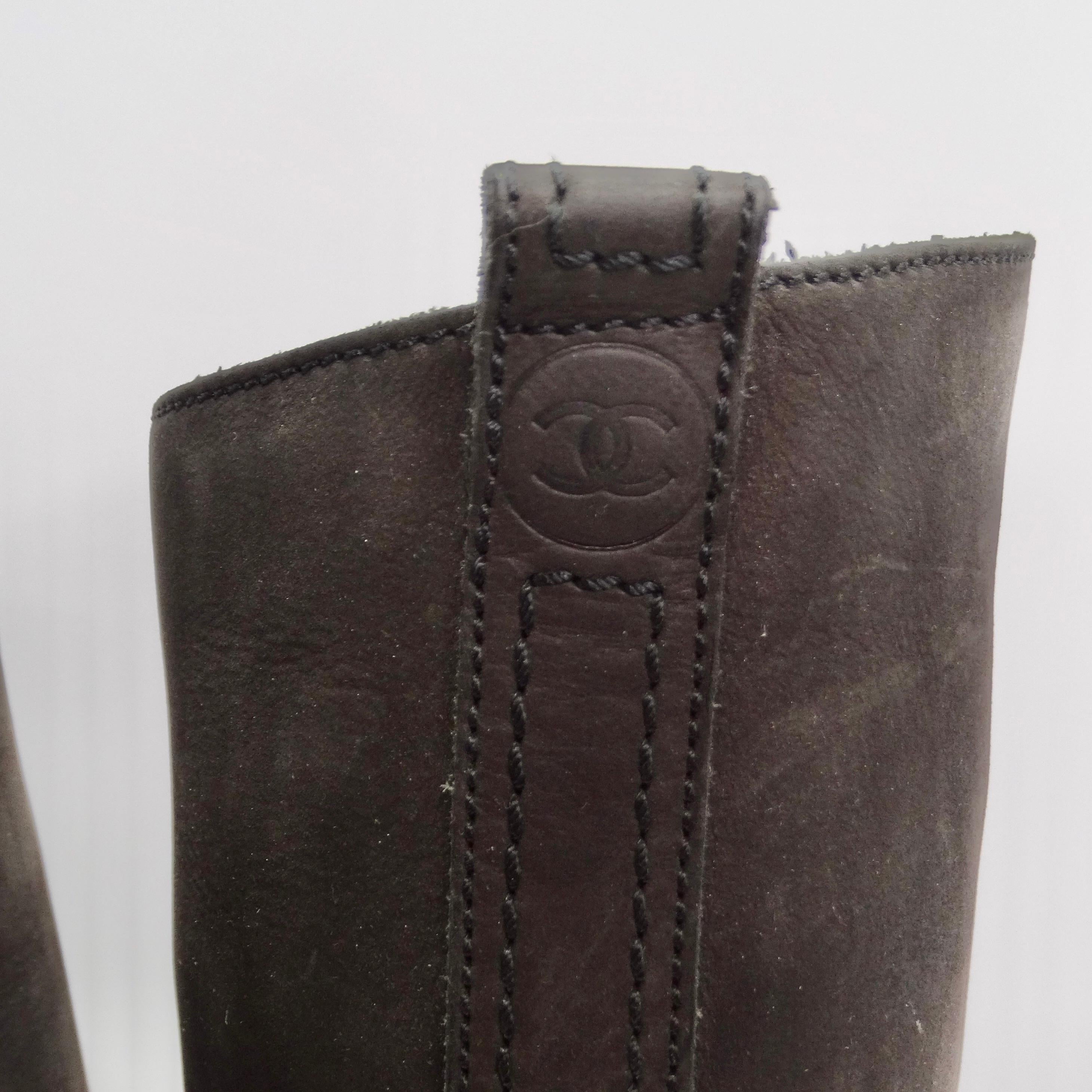 Chanel Logo Brown Leather Knee High Boots For Sale 1