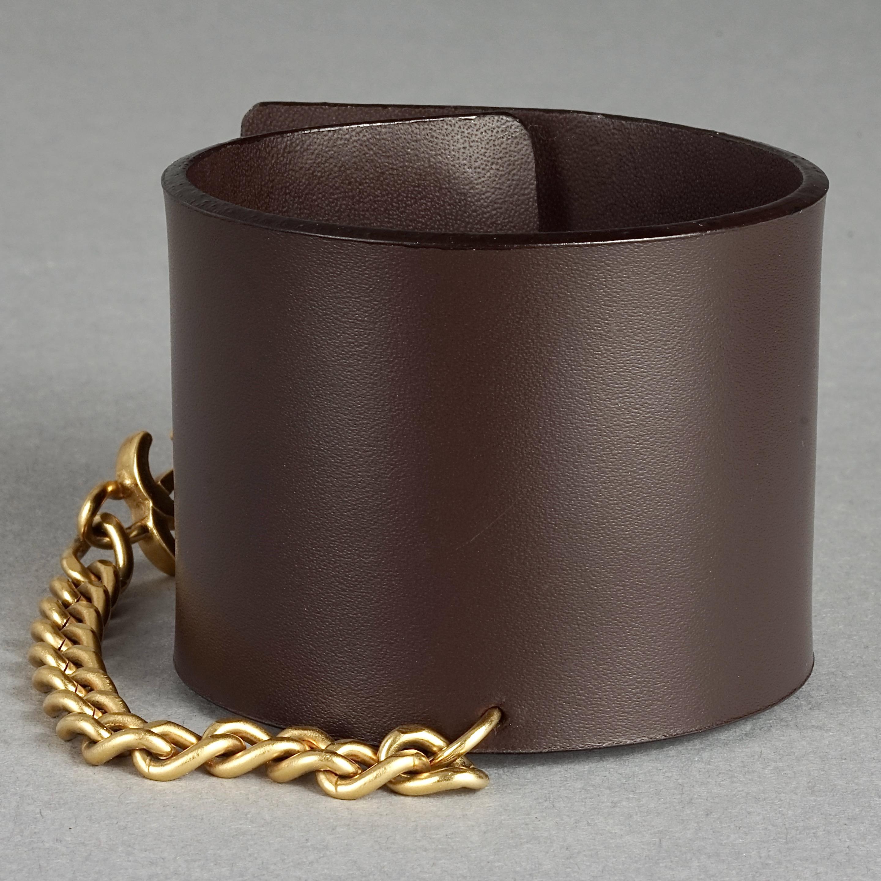 Women's CHANEL Logo Chain Brown Leather Cuff Bracelet Spring 2003 For Sale