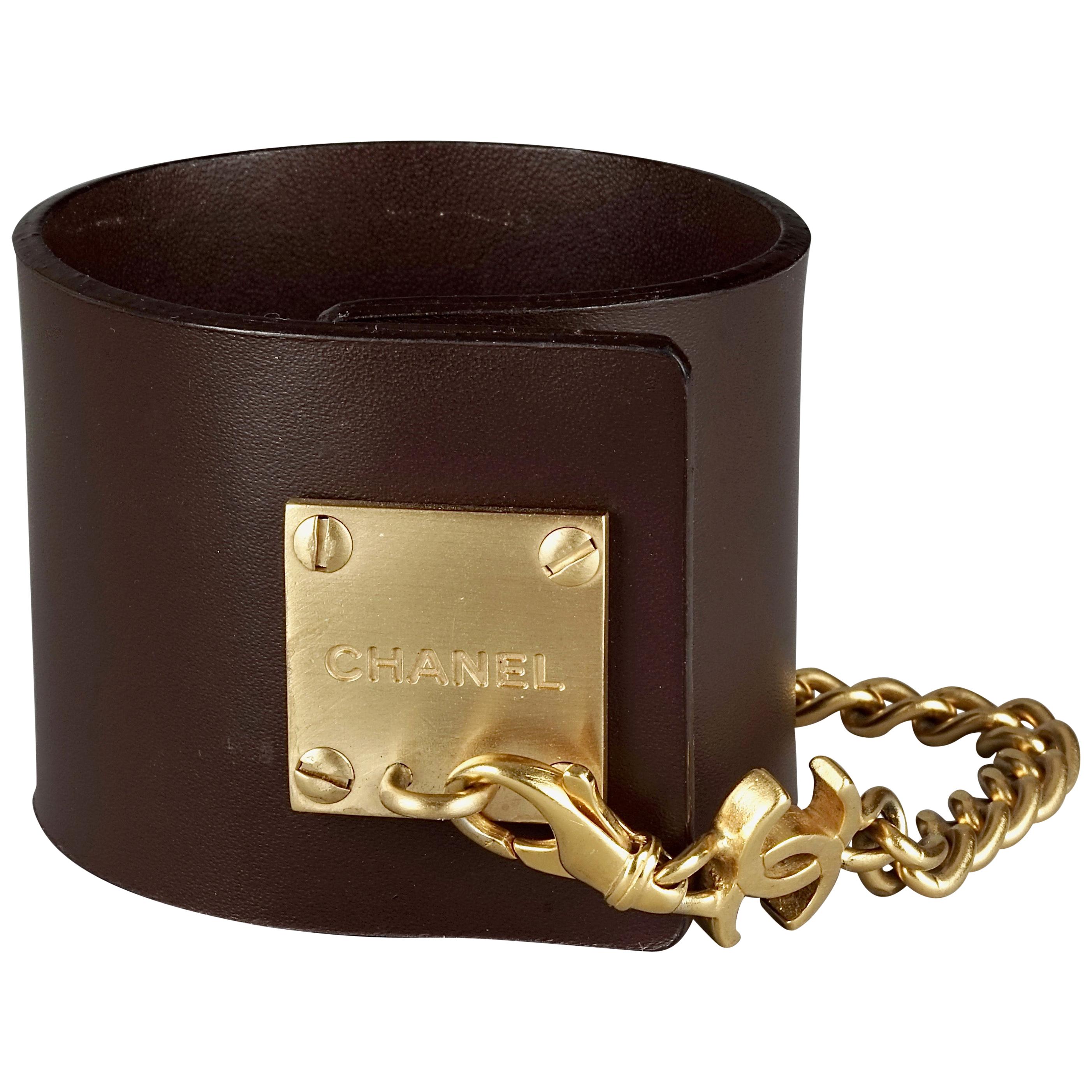 CHANEL Logo Chain Brown Leather Cuff Bracelet Spring 2003