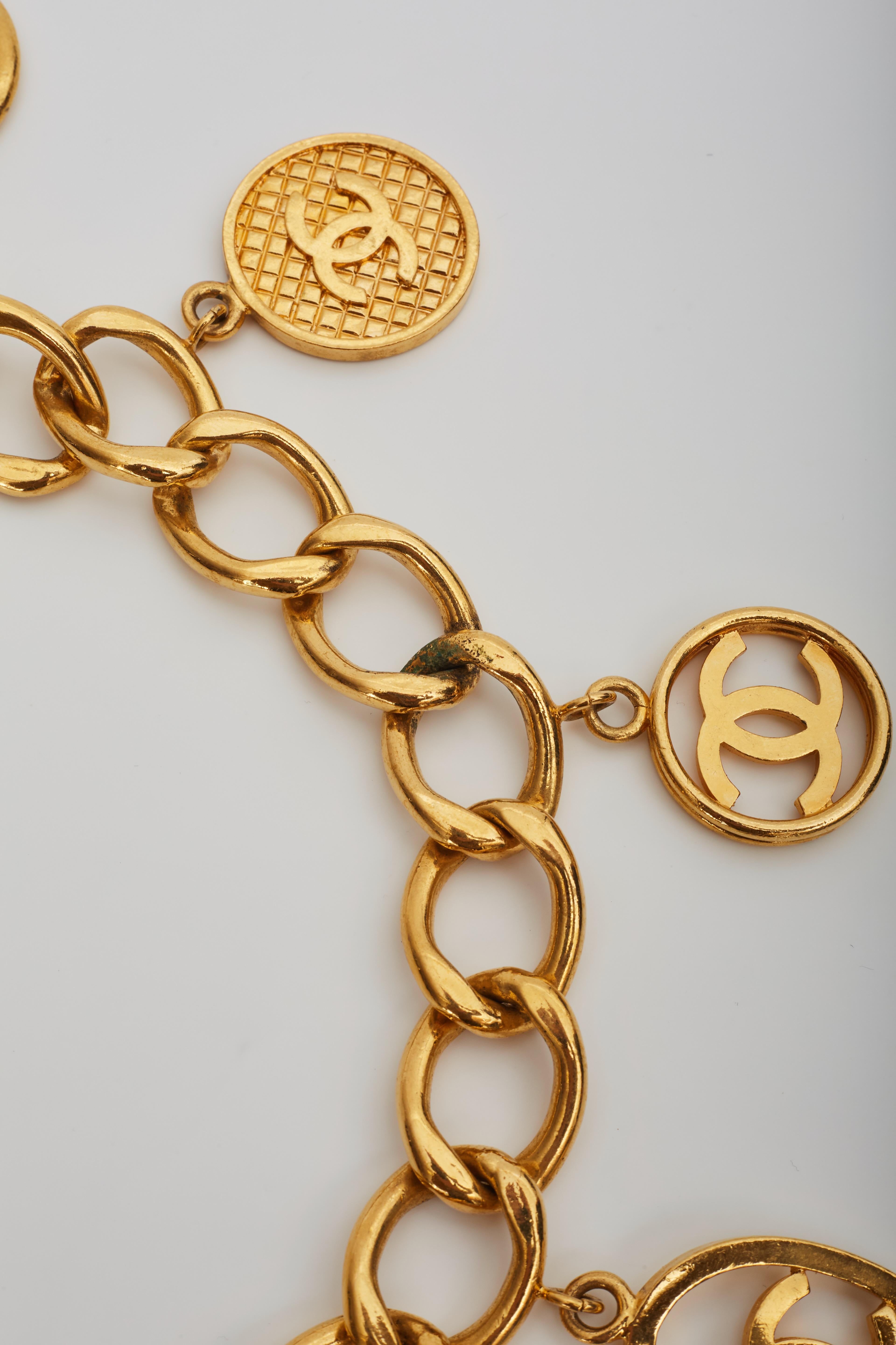 Chanel Logo Coin Medallion Charm Gold Chain Necklace Belt (1993) 26inch 10