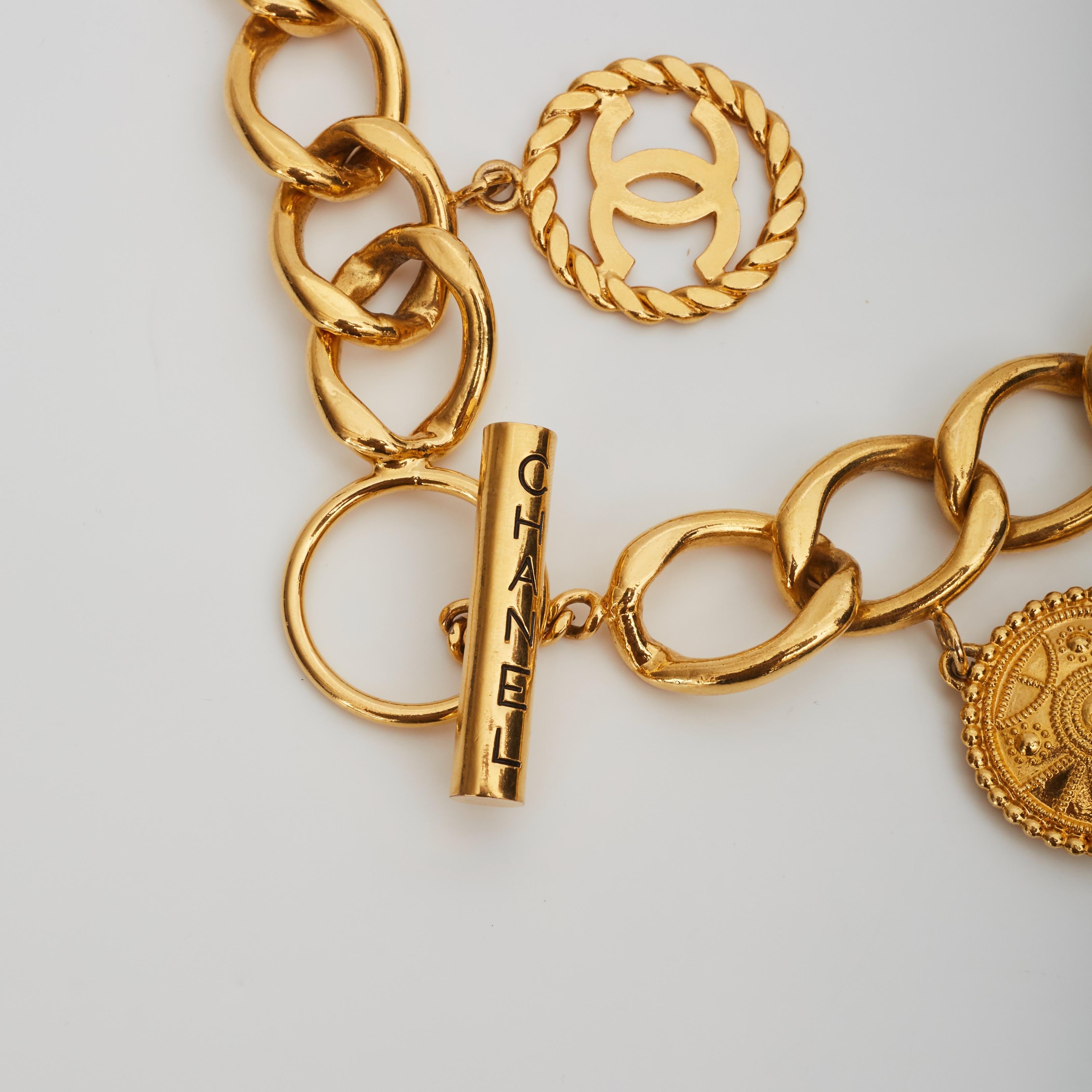Chanel Logo Coin Medallion Charm Gold Chain Necklace Belt (1993) 26inch 12