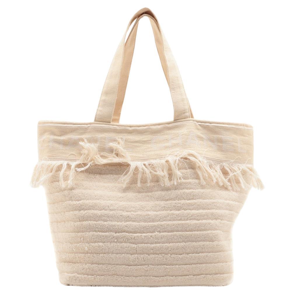 Chanel Logo Cotton Fringe Tote Bag Ivory with Towel and Pochette For Sale