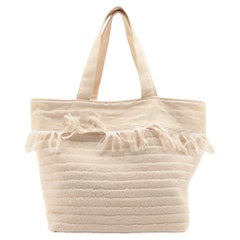 Vintage Chanel Logo Cotton Fringe Tote Bag Ivory with Towel and Pochette