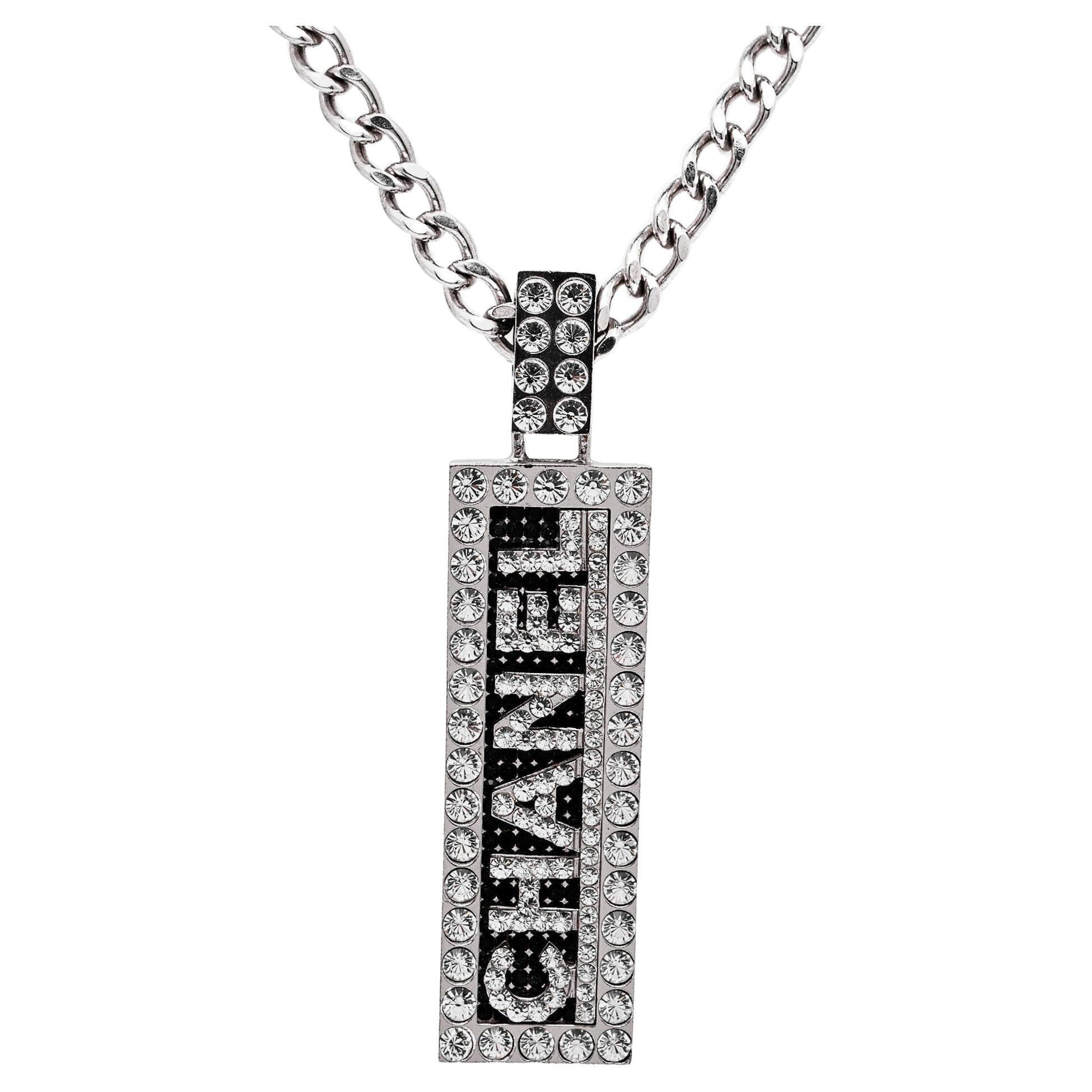 Chanel Logo Crystal Silver Tone Necklace