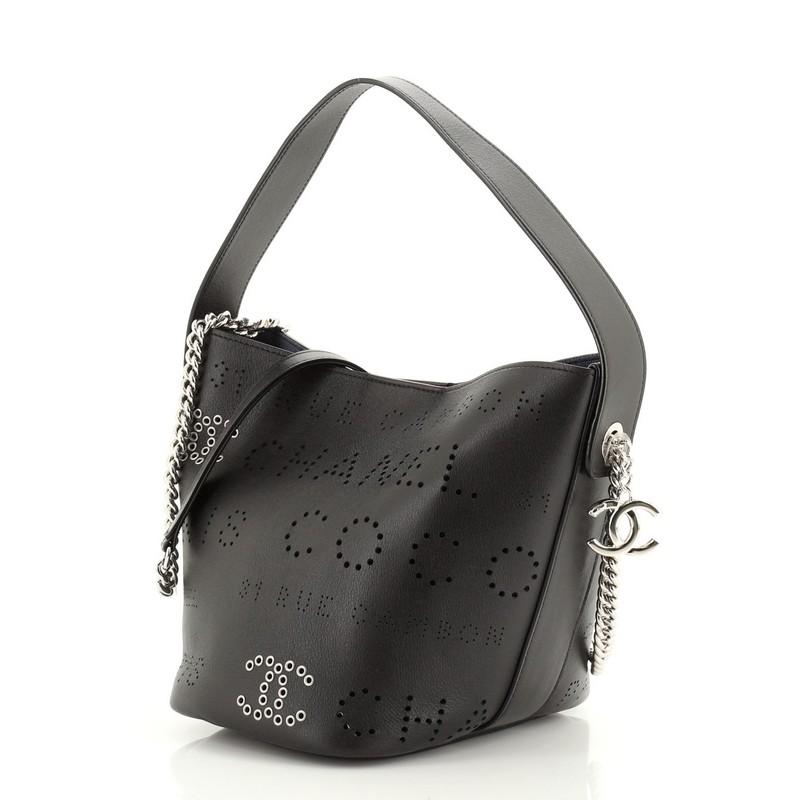 Black Chanel Logo Eyelets Bucket Bag Perforated Calfskin Small