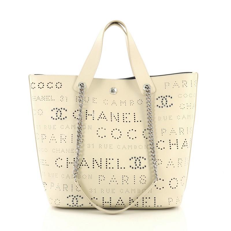 White Chanel Logo Eyelets Shopping Tote Perforated Calfskin Medium
