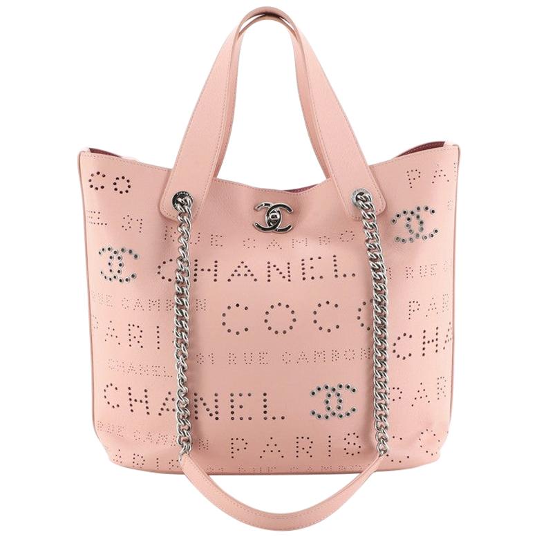 Chanel Black Logo Eyelets Shopping Tote Perforated Calfskin with Silver  Hardware